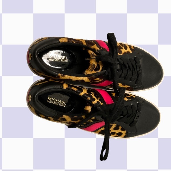 Michael Kors new never worn leopard print sneakers leather w/barbie pink stripe - Picture 1 of 7